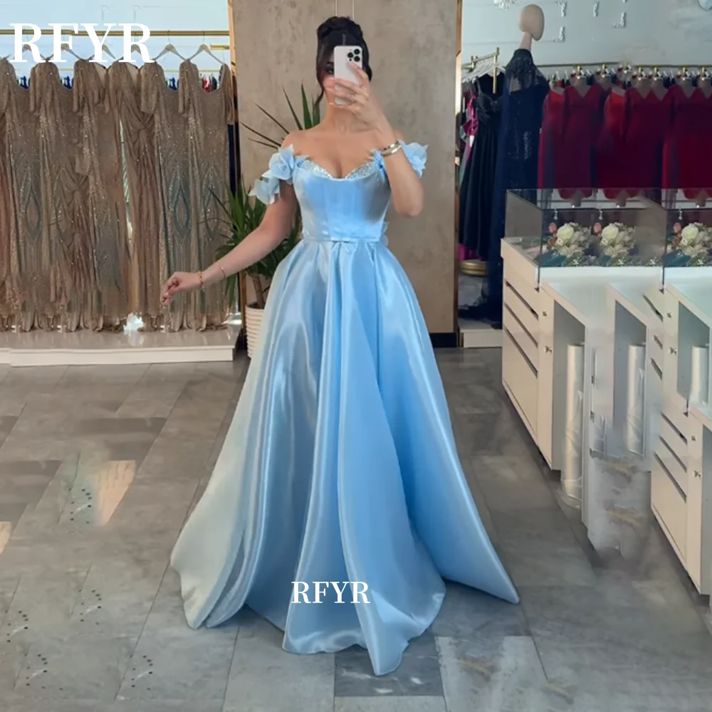 

RFYR Off Shoulder Evening Dress Beading Prom Dress with Flowers Gala Dress Blue A Line Princess Dress Robe De Soiré Customized