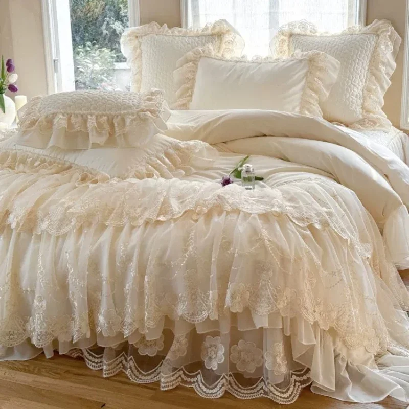 French Style Premium Feel Cotton Long-staple Cotton Four Piece Bed Cover Set Princess Style Lace Lace Duvet Cover Bedding