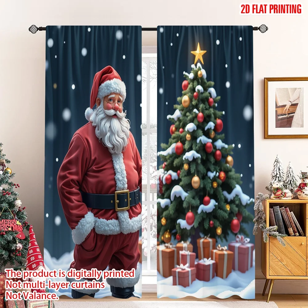 

2pcs 2D flat printing Merry Christmas Window Curtains Santa Claus Christmas Tree Gifts_a Polyester Fabric Without Electricity
