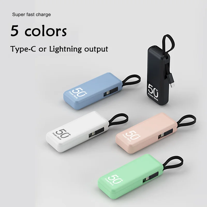 5000mAh Portable Mini Power Bank With Cable External Spare Battery Fast Charging Small Powerbank For iPhone 15 Samsung Xiaomi