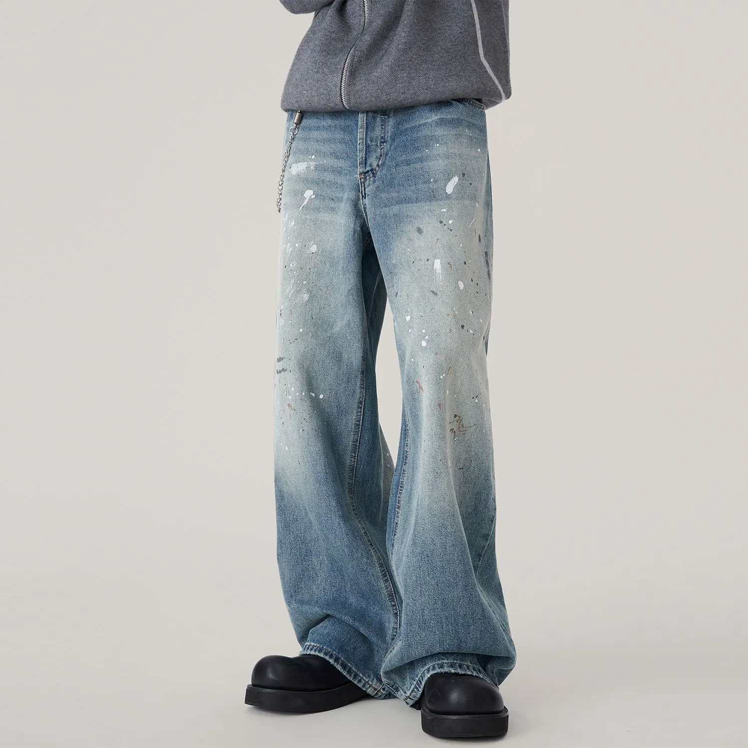 Men's Ink Splatter Pattern Design Jeans Casual Sweatpants Cool Boy Pants High Waist Bottoms Male Wide Leg Straight Trousers