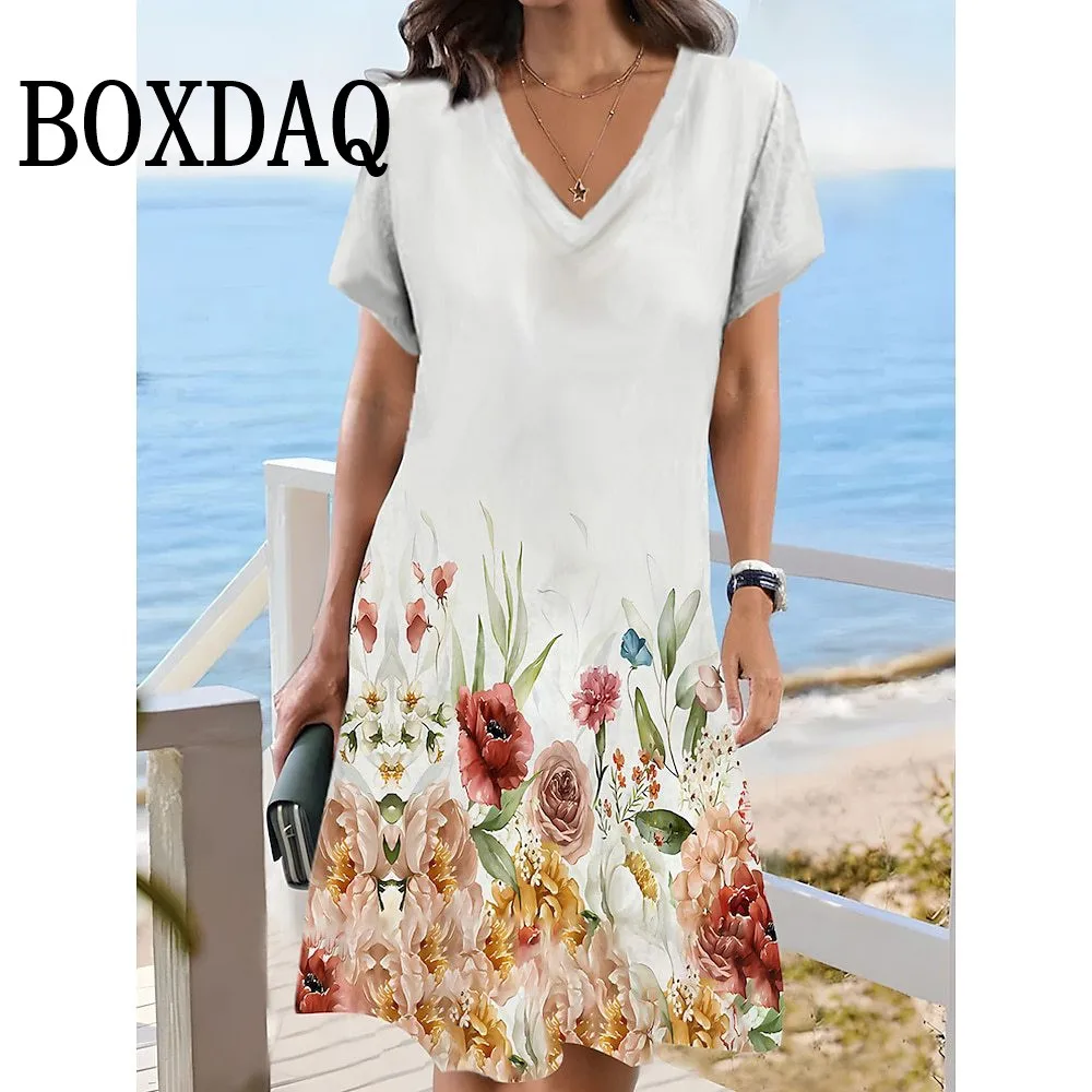 Summer Short Sleeves Dresses Classy Women Dress Loose A-Line Dress Flower Print Woman Clothing Casual V-Neck Pullover Sundress