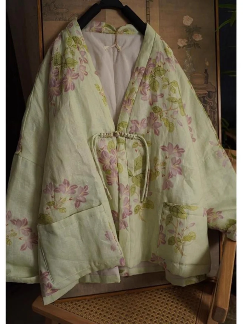 Chinese Style Printed Ramie Cotton Jacket Thick Cotton Lining Women's Warm Quilted Coat Outerwear W427