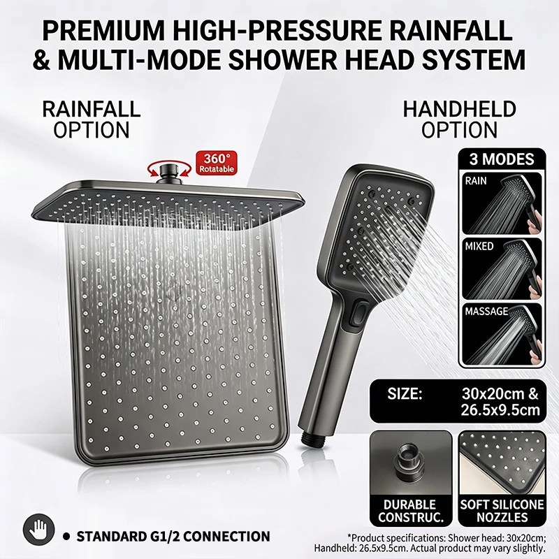 Air Boost High Pressure Large Overhead Rain Shower Head, Supercharge Rainfall, 360° Swivel, Water Saving, Universal Fit
