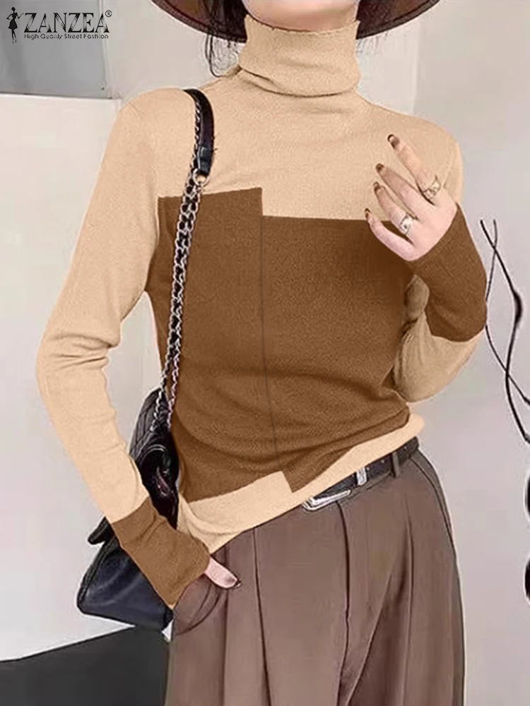 ZANZEA Elegant High Neck T-shirts 2024 Casual Long Sleeve Patchwork Tops Autumn Colorblock Knitted Tees Holiday Women Tunics