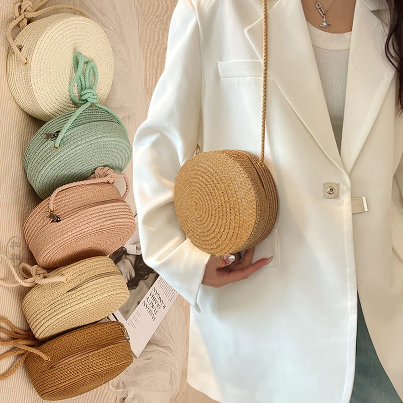 New Round Straw Bag Women Woven Beach Crossbody Bag for Ladies Cute Shoulder Rattan Handmade Knitted Candy Color Small Handbag