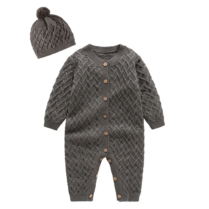 Autunno inverno stile coreano neonato ragazzi ragazza tinta unita maglia tuta + cappello bambino pagliaccetto bambini vestiti lavorati a maglia