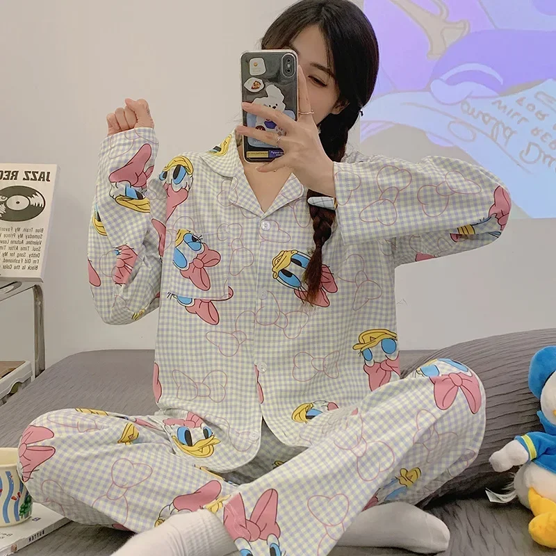 Disney-Ensemble de pyjama Donald Duck pour femme, manches longues, coton, dessin animé, vêtements de détente, pantalon, automne