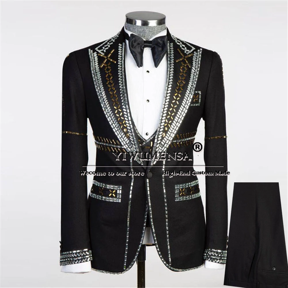 Luxury Groom Wedding Tuxedos Customized Gold-Sliver Diamond Stones Suits Men Slim Fit 3 Pieces Sets Man Formal Occasion Dresses