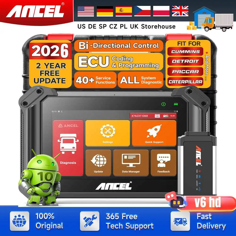 

ANCEL V6HD Heavy Duty Truck Scanner Diesel Diagnostic Scan Tool with Wide U.S Diesel Truck Compatibility 40+ Resets ECU Coding