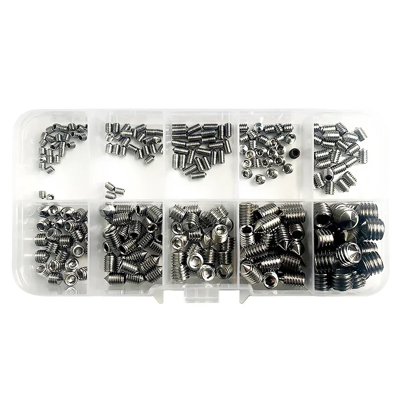 250Pcs 304 Stainless Steel M3-M8 Internal Hex Socket Cup Point Set Screw Assortment Headless Grub Screws with Organizer Case Set