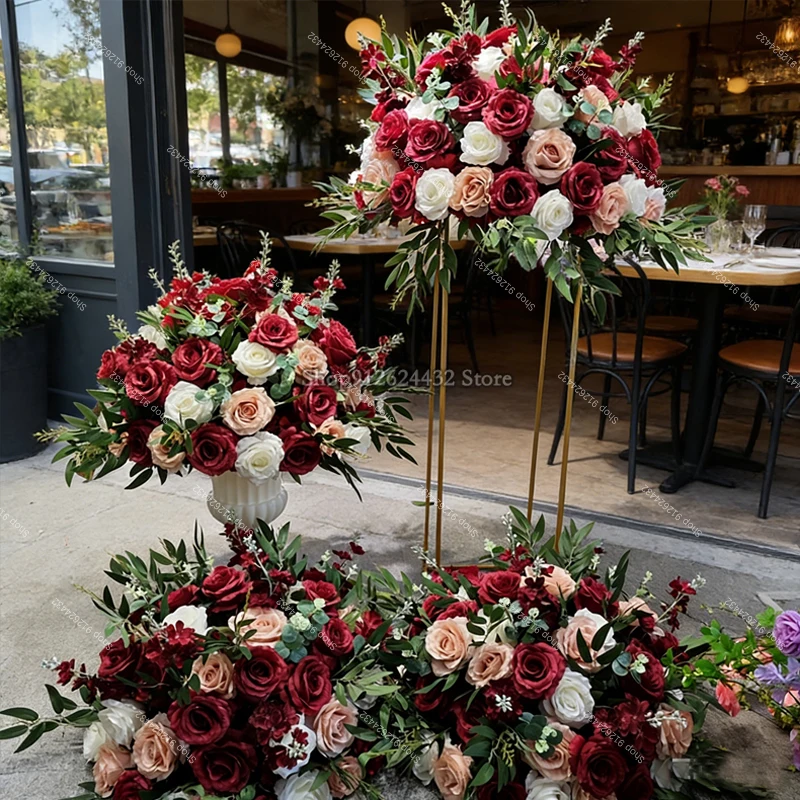 

Red White Rose Green leaf Wedding Table Centerpiece Flower Ball Stage Road Lead Floor floral Supplie Runner Row Event Party Prop