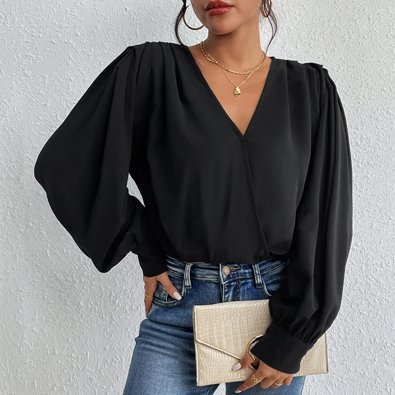 Benuynffy أسود الخامس الرقبة فانوس كم ارتداءها النساء 2025 الخريف موضة جديدة مكتب سيدة عالية الخصر قطعة واحدة Bodys امرأة علوية