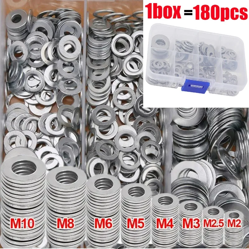 

1Box Stainless Steel Flat Washer Plain Gaskets Metal Washers Rings Gasket Screw Assortment Kits M2 M2.5 M3 M4 M5-M12 Wholesale