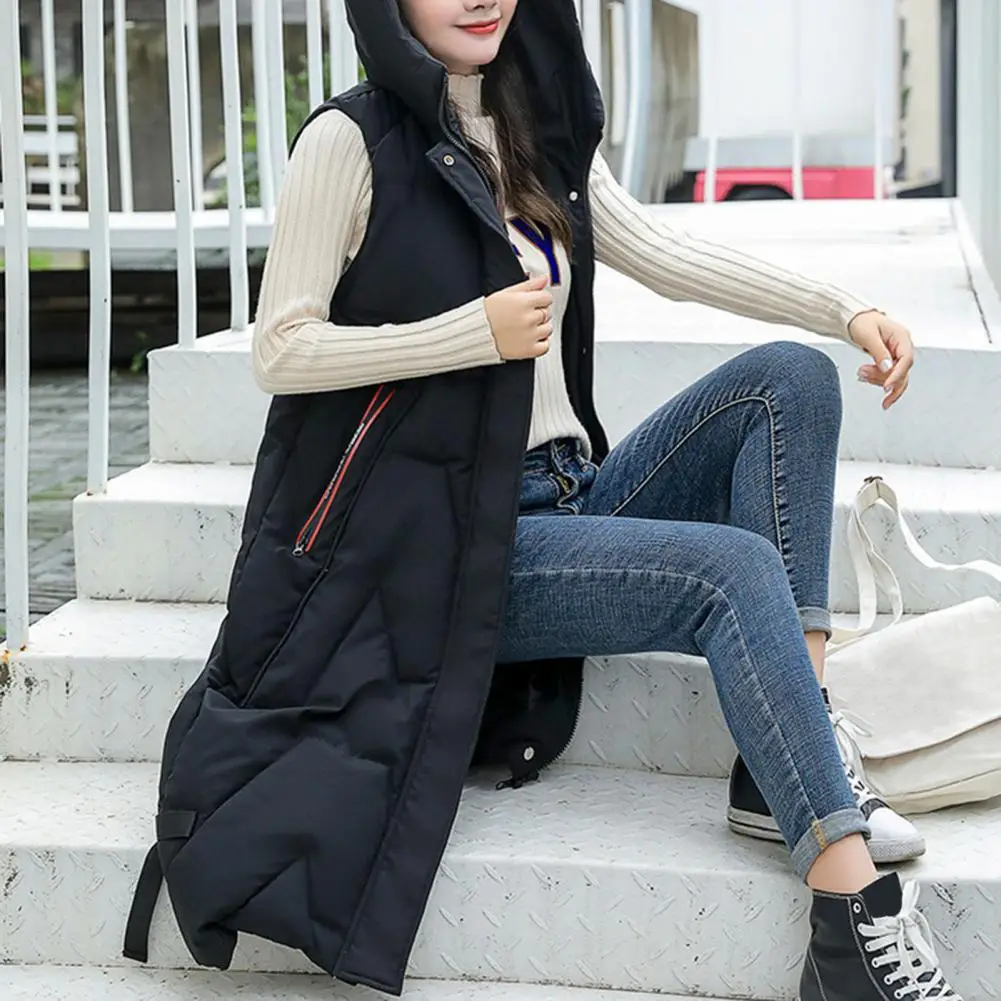 Winter Women Waistcoat Thickened Padded Zipper Closure Hooded Belt Decor Sleeveless Solid Color Windproof Heat Retention Outdoor