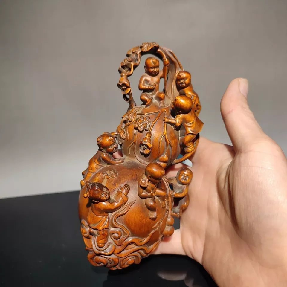 China Boxwood Wooden Antique Doll Wood Carving Children Statue Home Decor Rare