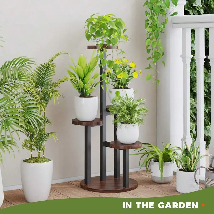 4 Tier Plant Stand Indoor, Tall Metal Wood Plant Shelf Outdoor,Small Flower Pot Holder Table Rack Garden Accessories For Living