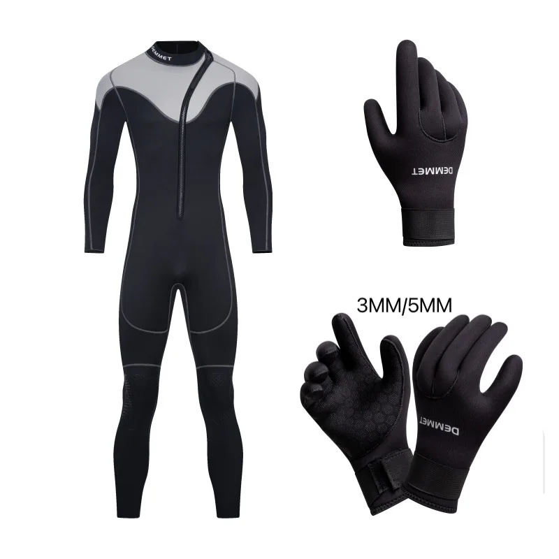 3MM Diving Suit One Piece Long Sleeved Whole Body Warm Diving Gloves Diving Cap Combination Matching Suit Women Men Wetsuit