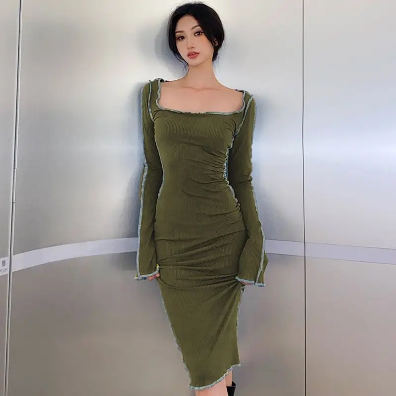 

Dress With Square Collar Raw Edges Slim Fit Simple And Elegant Sexy Mature And Feminine Long Casual Dress For Commuting Women