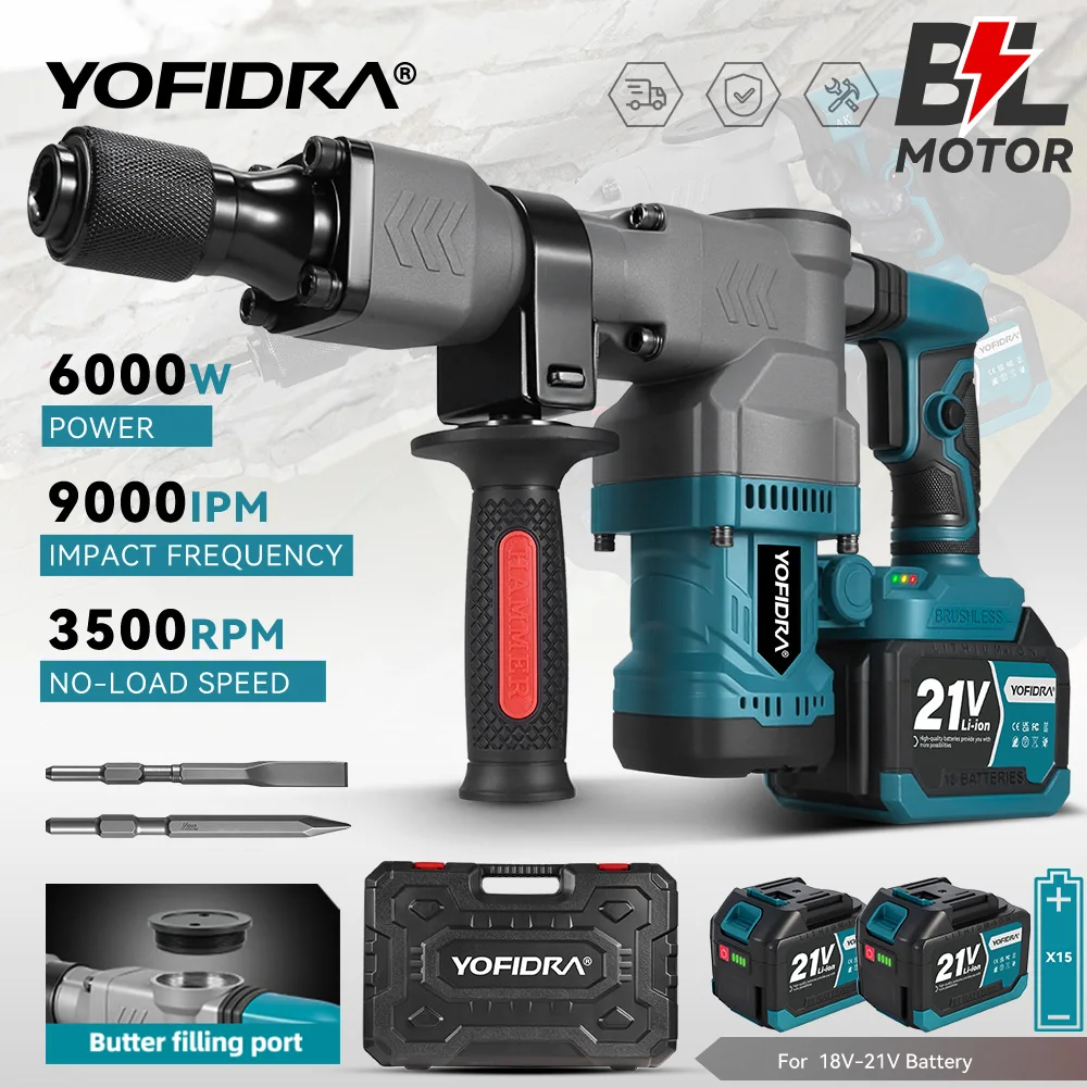 YOFIDRA 6000W Bürstenloser Elektro-Abbruchhammer, professionelles 3500 U/min Akku-Bohrhammerwerkzeug für Makita 21V Akku.