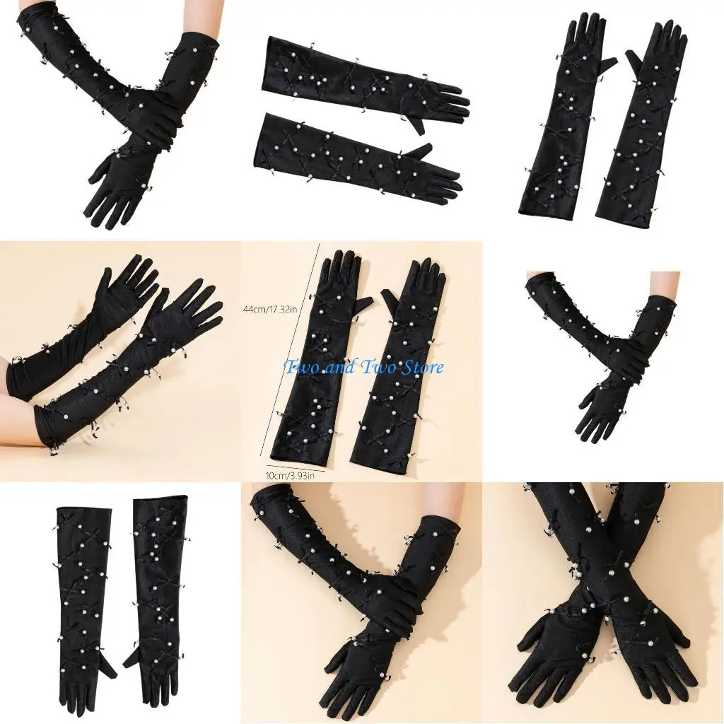 HX6F سيدة العروض المرحلة الخرز قفازات النادي الليلي قفازات الكوع الطرف العروض المرحلة قفازات قفازات فستان السهرة #1