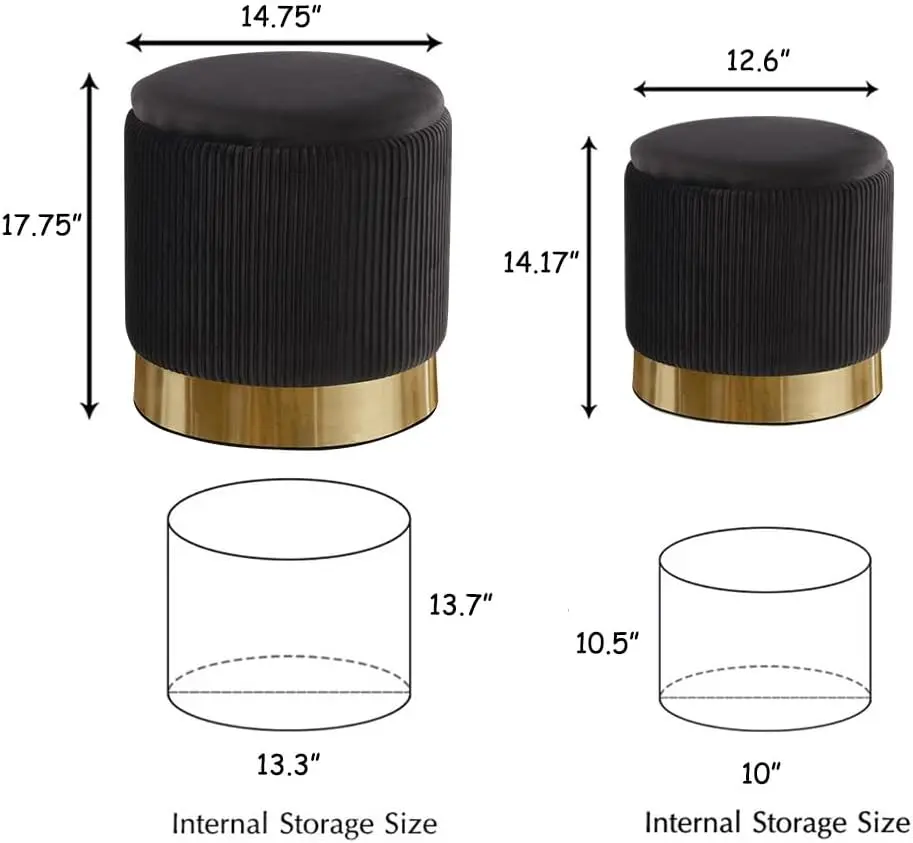 Round Ottoman with Storage Set of 2 Black Velvet Vanity Stool | Upholstered,Small Ottoman Coffee Table,Removable Lid,Foot Stool