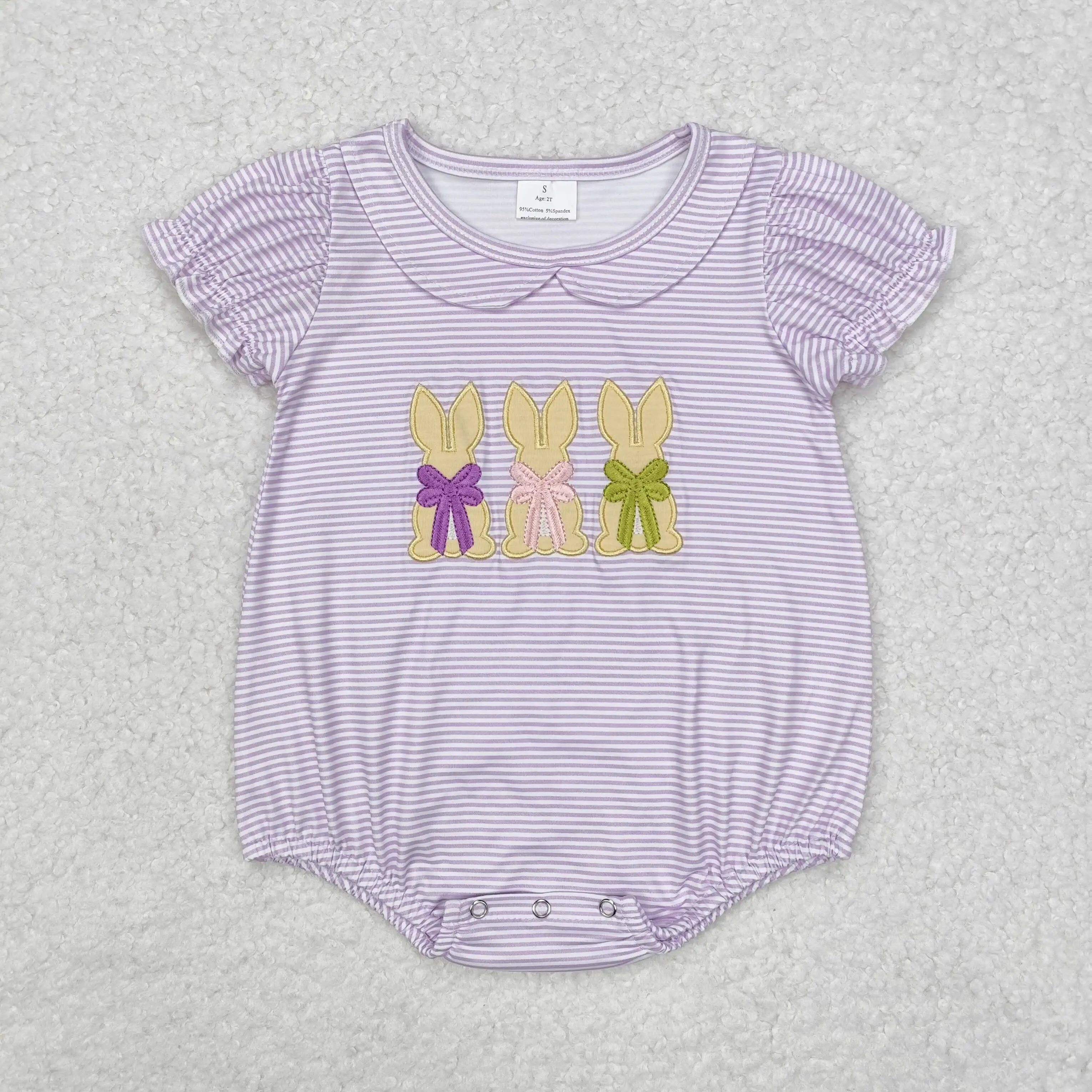 

New rts baby girls Easter rompers wholesale boutique embroidery bunny purple striped girls romper