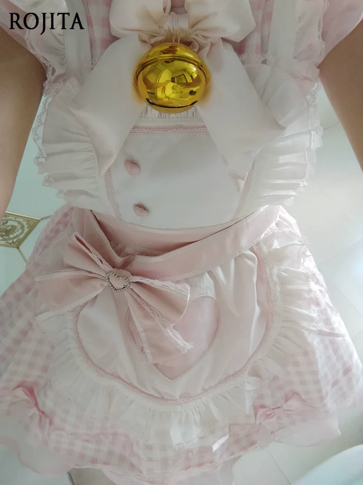 

Розовый OP + фартук, комплекты из двух предметов, новинка 2023 года, летние клетчатые комплекты горничной с короткими рукавами, милые женские комплекты платьев в японском стиле