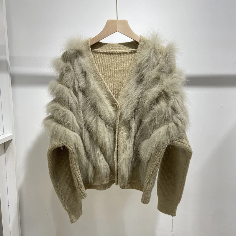 Women Autumn Real Fox Fur Coat Lady's Spring Thick Khaki Sweater Knitted Button Coat