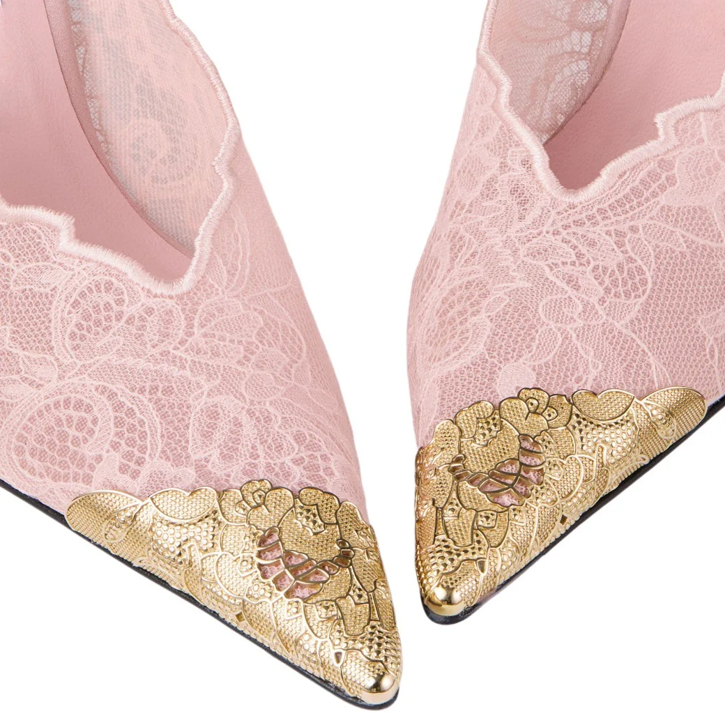 Kiva - Lace Embroidery Metal Pointed Heels Pink detail 4