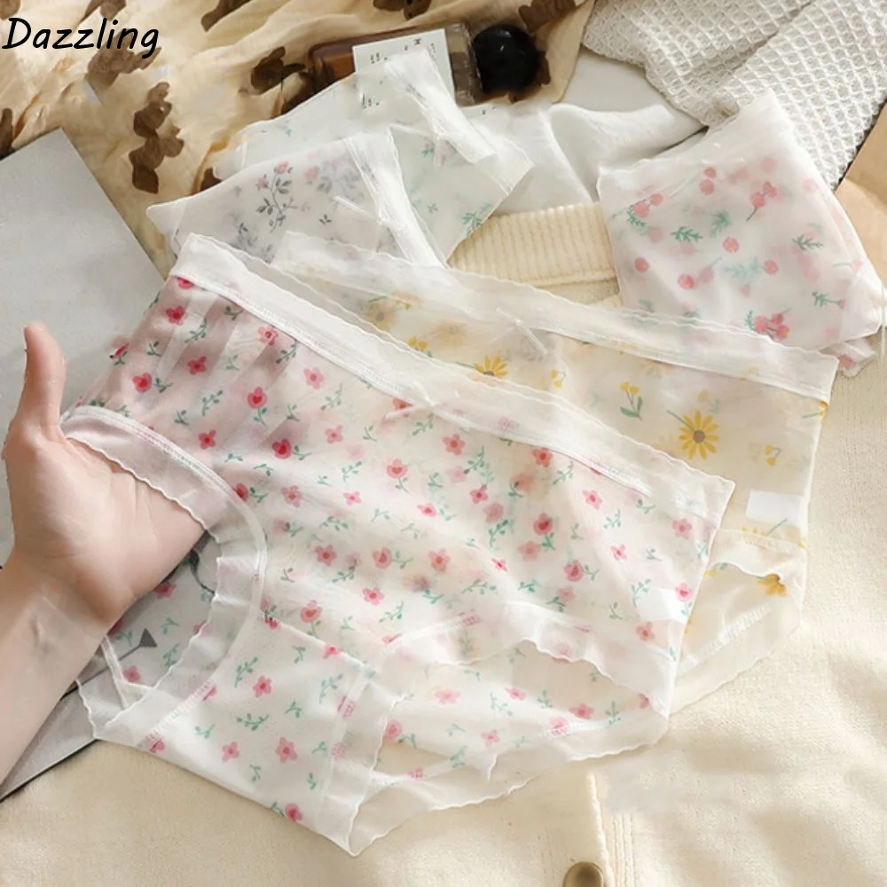 

5PCS Intimates Ultra-thin Mesh Flower Panties Seamless Underpants Transparent Floral Briefs Mid Waist Underwear for Women Girls