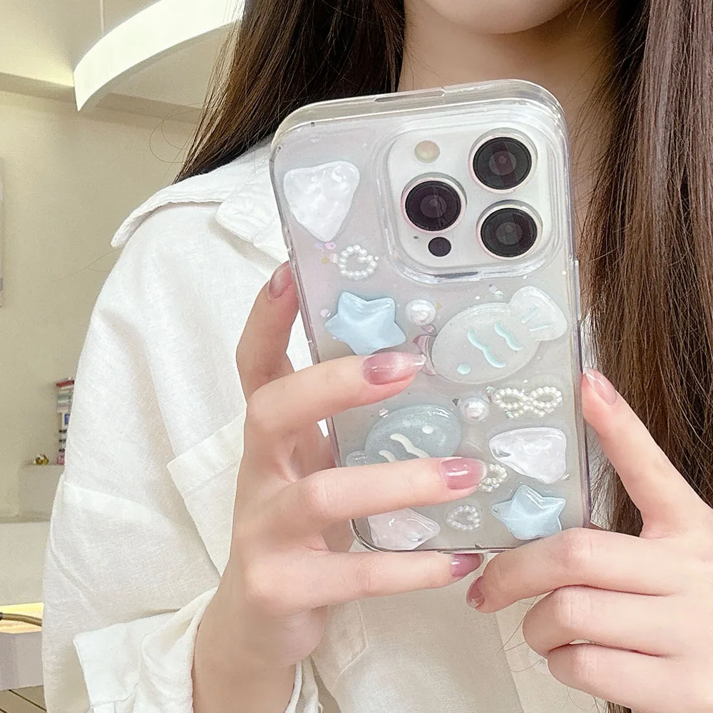 เคสซิลิโคนลายโบว์ไข่มุกดาวทะเล3D ปลาในฤดูร้อนรักหัวใจใสสำหรับ iPhone 16 15 14 PLUS 13 12 11 PRO MAX