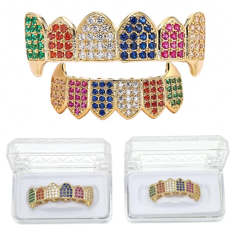 6 Color Micro-inset Zircon Gold Braces Hip Hop Tooth Decoration Top&Bottom Colorful Teeth Grills Vampire Set