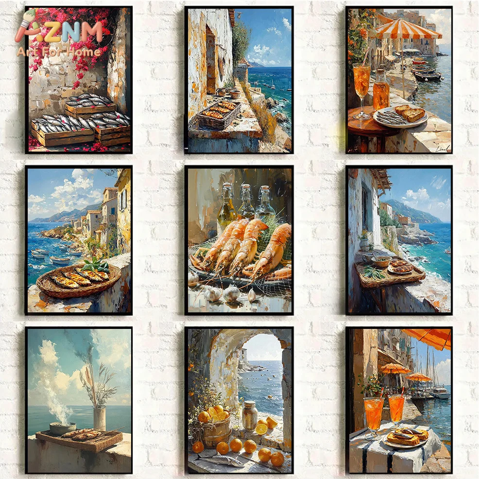 AZNM Mediterranean Coastal Canvas Print Vintage Oil Painting Seafood Shrimp Seaside Town Ocean View European Village Wall Poster