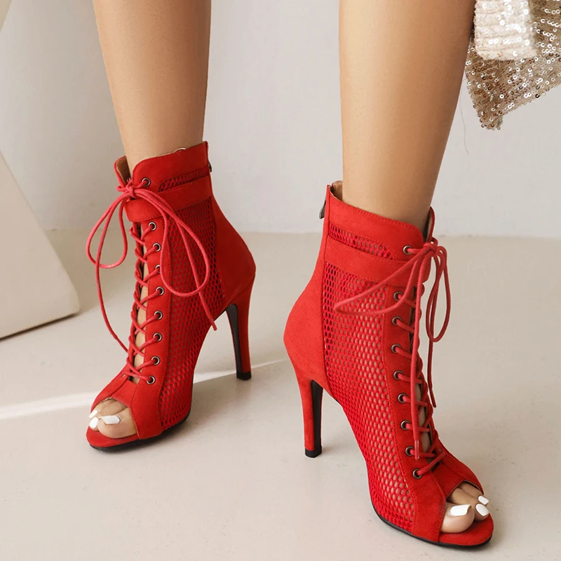Sexy Ankle Boots For Women Shoes Lace-up Hollow Peep Toe Black Red High Heels Jazz Dance Party Shoes Female Large Size 45 44