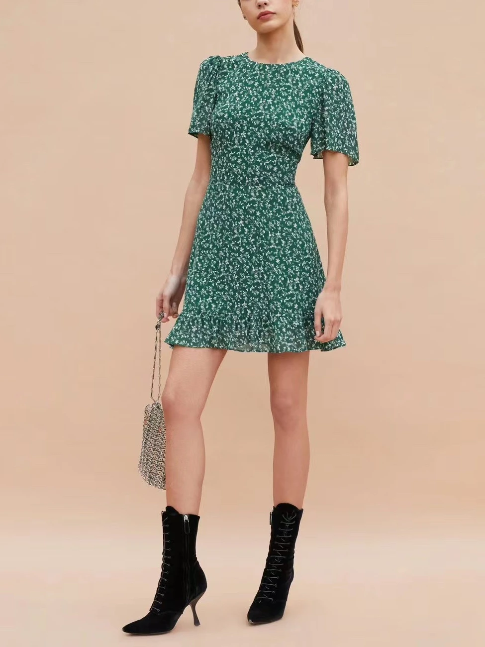 

2023 Summer New Arrivals Women Fashion Prairie Chic Print O-Neck Flounced edge Mini Dress For Holiday