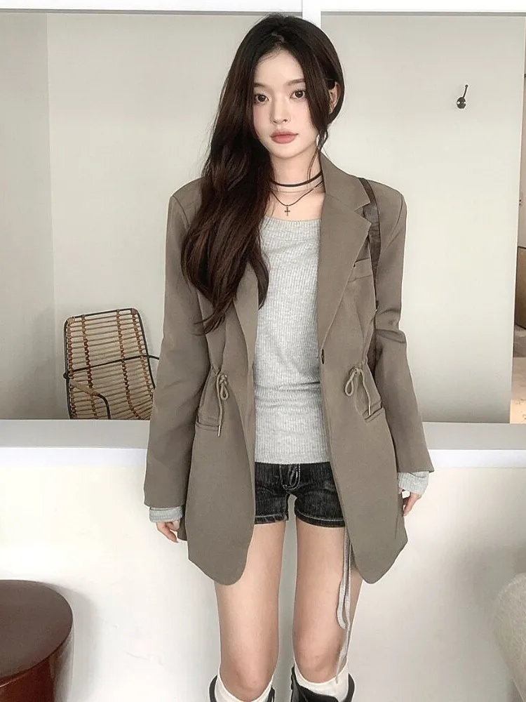 Chic Retro Drawstring Belted Women's Suit Jacket Autumn Winter New Style Slimming High-End Feel Korean Style Inner Wear