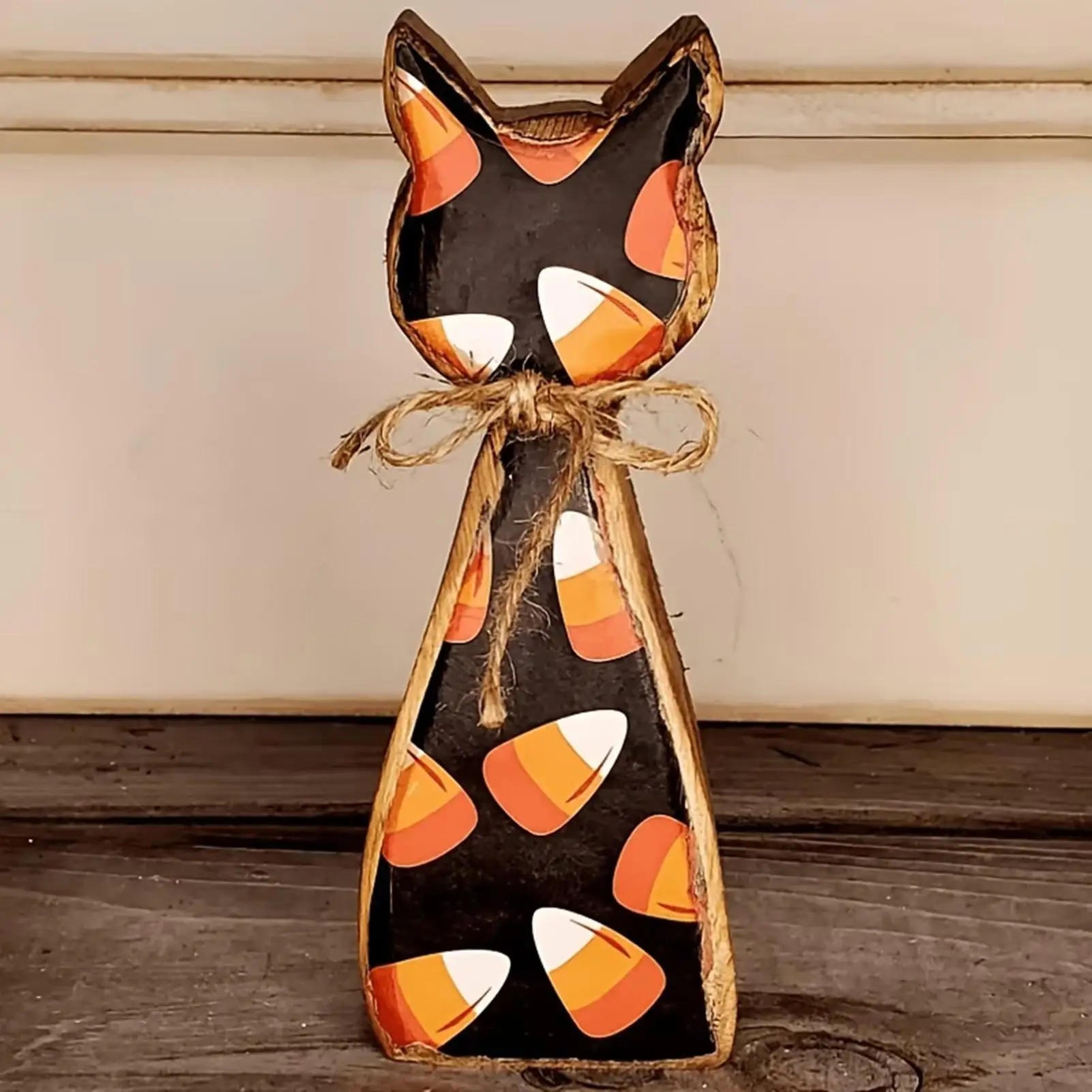 Halloween Wooden Cat Decor 5 Pieces Double-Sided Self Standing Vintage Farmhouse Wood Cat Figurine Set Decorations For Home