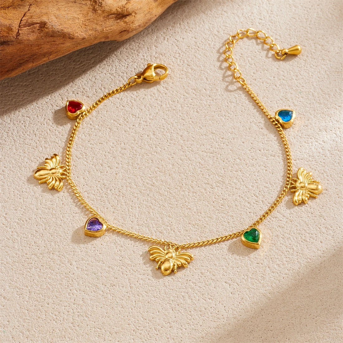 الفولاذ المقاوم للصدأ الملونة جولة الزركون النحل الحشرات القلب سوار سيدة الاتجاه الجديد الكلاسيكية المعصم سلسلة مجوهرات جلامورو