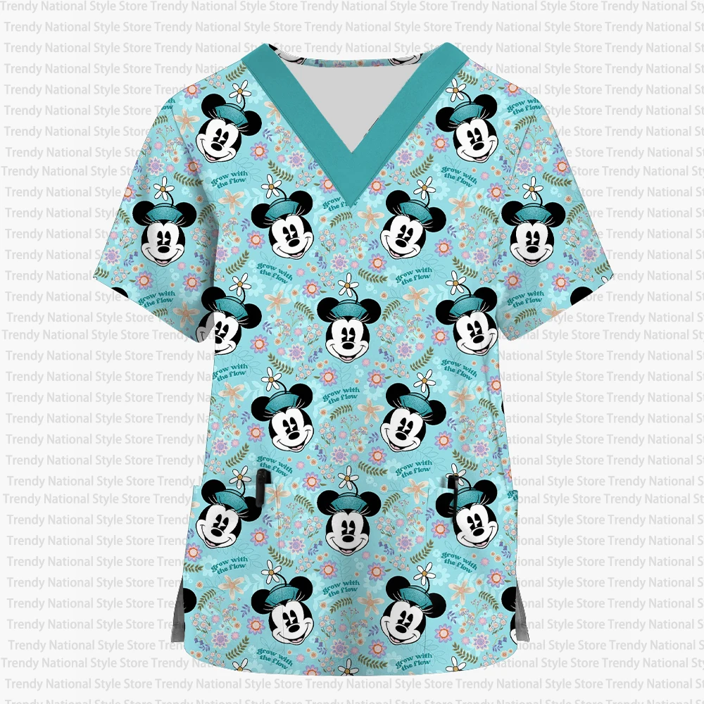 2025 nowych kobiet kieszonkowy mundurek do pracy Disney Princess Mickey Print dekolt w serek drukuj peeling Top odzież do karmienia sportowa koszulka topy