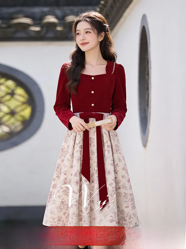 

Large Size Spring Dress Square Collar Color Block Long Sleeve A-Line Skirt Vintage Style Casual Wear Polyester Fiber Gown