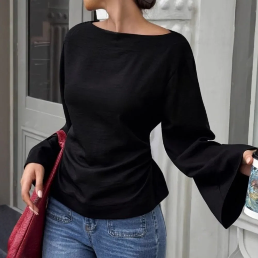 

Autumn Winter Women's Clothing Solid Color Sexy Fashion Slim Fit Irregular One Collar Casual Trumpet Sleeve Long Sleeved T-shirt