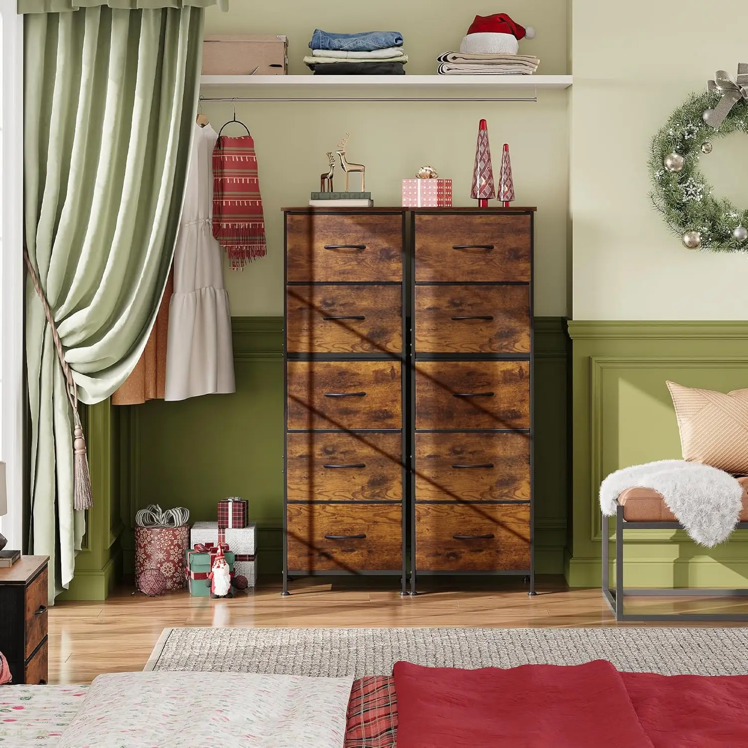 5-Drawer Tall Dresser for Bedroom, Storage Dresser Organizer with Fabric Bins, Wood Top, Sturdy Steel Frame,Chest of Drawers