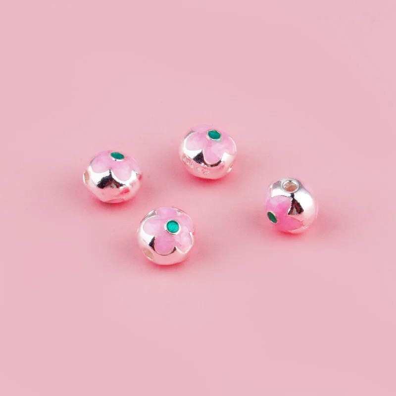 Full silver 999 drops of rubber pink petals silver beads DIY bracelet rope accessories