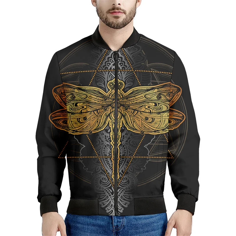 3d Printed Insect Dragonfly Zipper Jackets Men Vintage Animal Graphic Sweatshirt Casual Bomber Jacket Long Sleeve Loose Coat