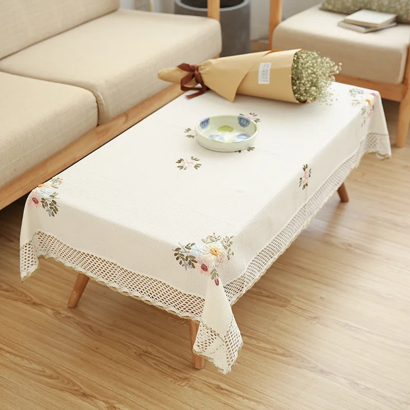 Europe Flowers Tablecloth White Hollow Lace Cotton Linen Dustproof Table cloth Wedding Banquet TV Cabinet Cover Cloth