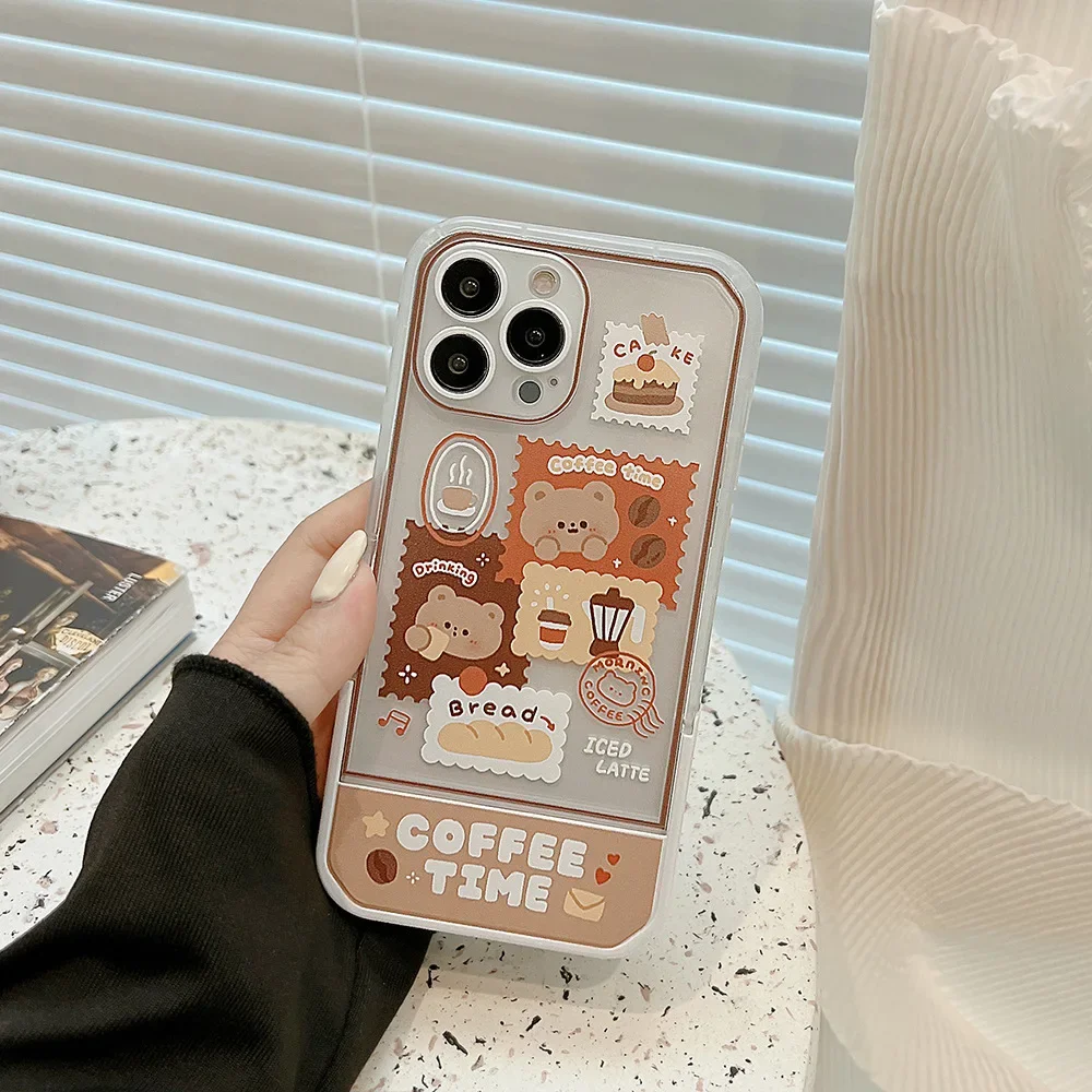 Retro stamp art Coffee Bear przezroczyste etui na telefon do iPhone'a 16 15 14 13 11 12 Pro Max Xr 14 15 16 Plus etui Cute stand Cover