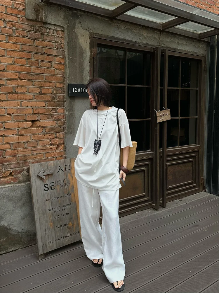 Slack Linen Wide-leg Pants Summer Loose Versatile Drawstring Straight White Casual Trousers Korean Fashion