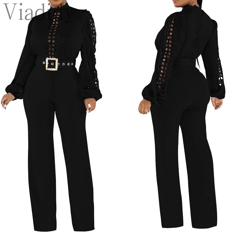 

Women Solid Color Hollow Out Long Sleeve Straight Jumpsuit With Belt