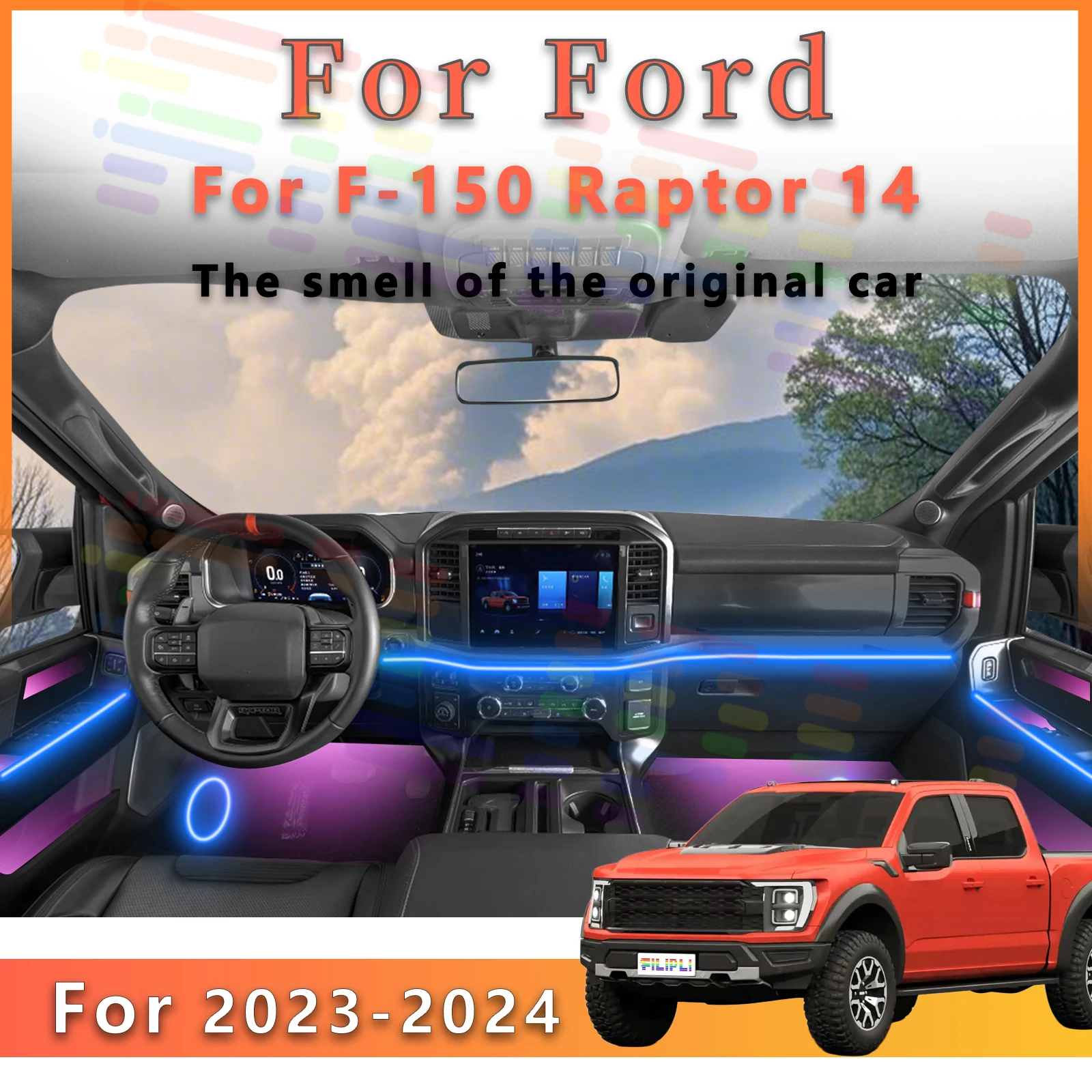 

Для Ford F-150 Raptor 14-го поколения Центральное освещение пользователя Светодиодная внутренняя лампа окружающего освещения 64 цвета Акриловая полоса окружающего освещения